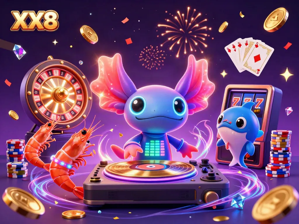 Experience the fun at XX8 with a vibrant 3D carnival scene featuring a DJ, dancing shrimp, and exciting casino elements.