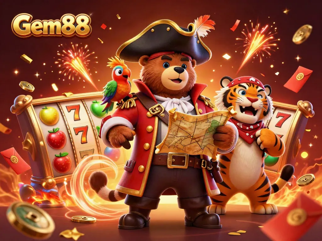Experience thrilling gameplay with Gem88 amidst vibrant slot reels and celebratory elements.