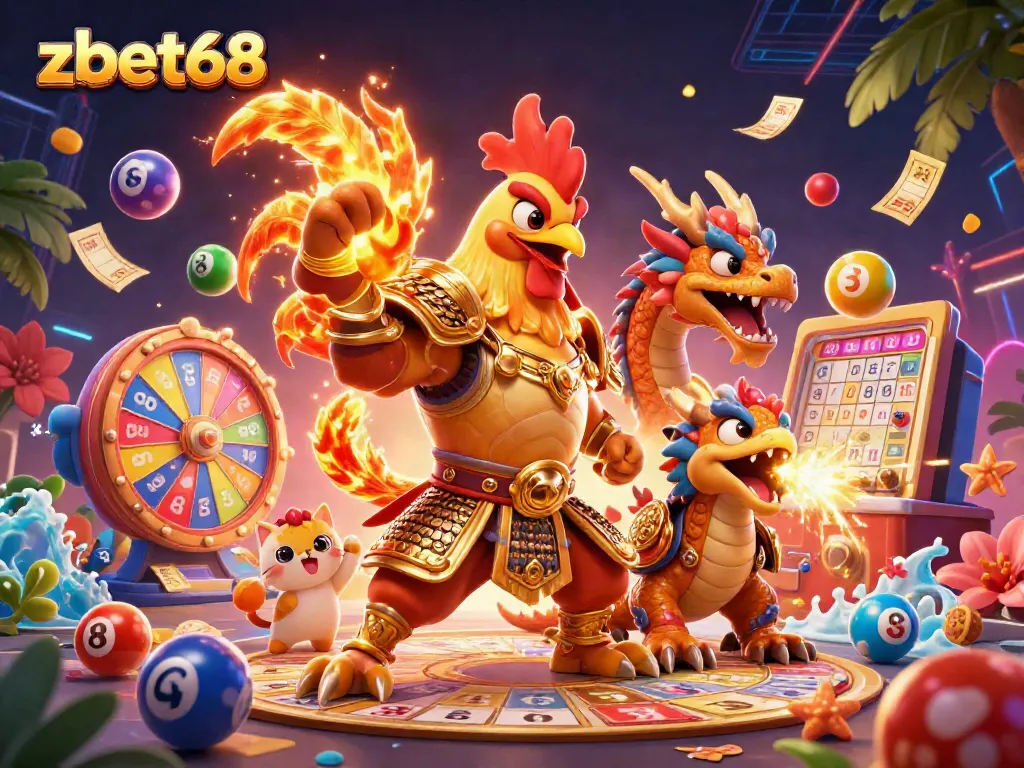 Engage in thrilling games at zbet68 featuring a fierce rooster warrior and dragon amidst lively casino elements.