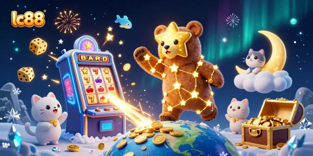 Experience big wins at lc88 with a vibrant illustration showcasing slot machines and cosmic characters.