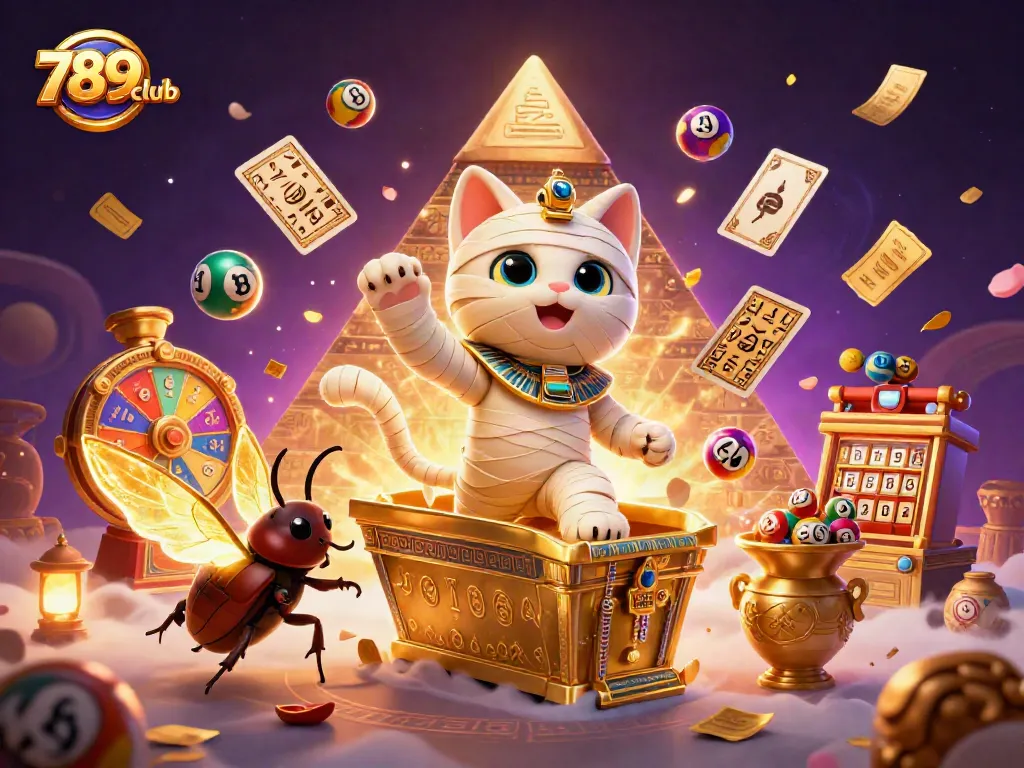 Engage with 789club’s dynamic gaming world featuring colorful lottery balls and a mystical pyramid scene.