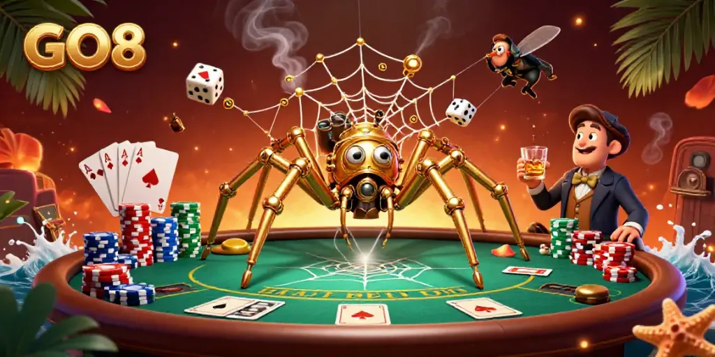 Engage with GO8 casino strategy illustrated with a steampunk spider capturing dice in a golden web.