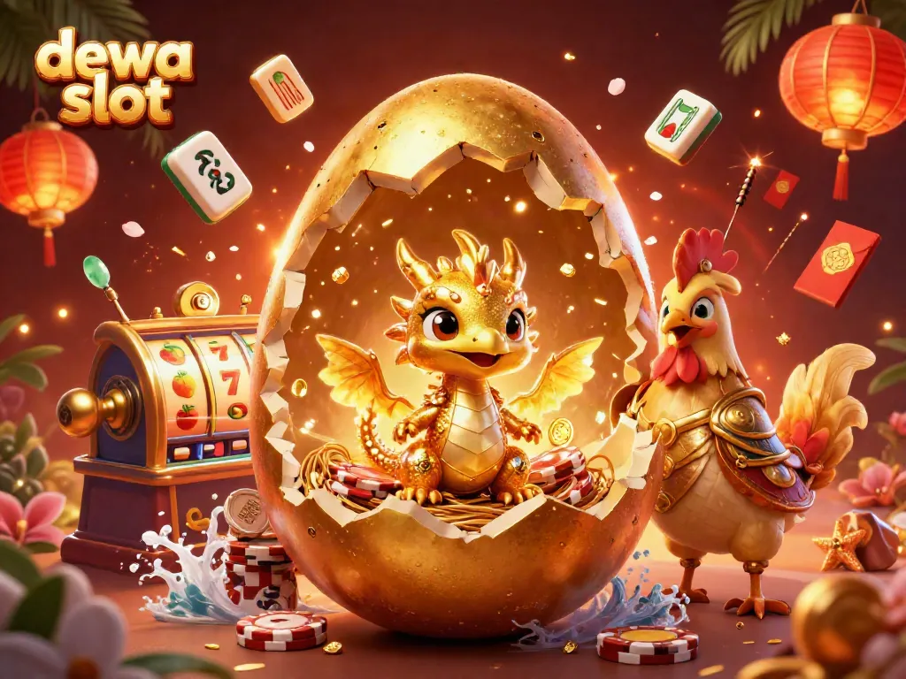 Experience the excitement of dewa slot with vibrant visuals of golden dragon and spinning slot reels.