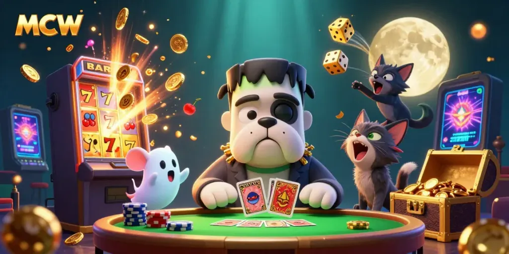 MCW showcases a lively gaming scene with a Frankenstein bulldog dealer and vibrant casino elements.
