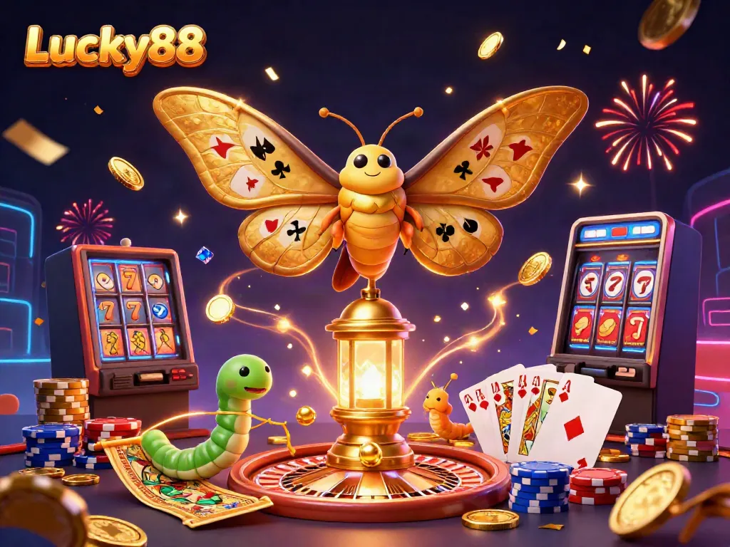Experience the excitement of Lucky88 casino with vibrant game elements and golden features in this dazzling illustration.