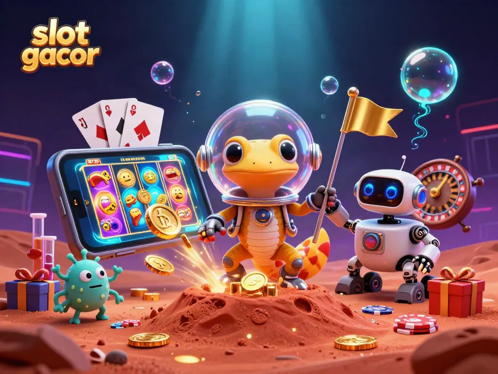 Experience thrilling gameplay with slot gacor as a Martian gecko uncovers a hidden casino in this vibrant 3D illustration.