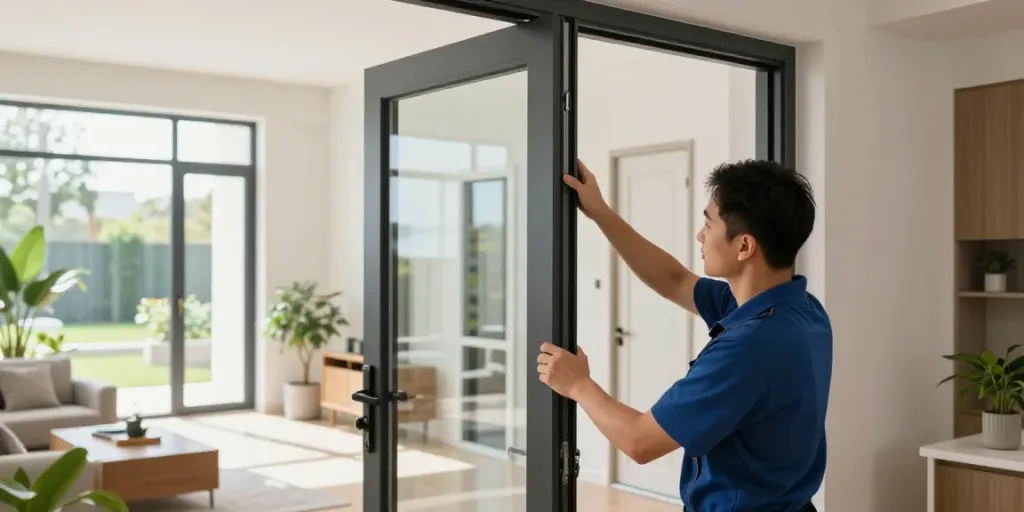 Pintu uPVC Tangerang installation by expert technician in modern home.