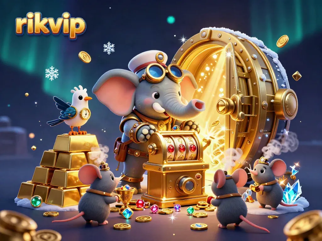Experience thrilling gameplay at rikvip with a vibrant 3D illustration featuring steampunk characters and sparkling gold elements.