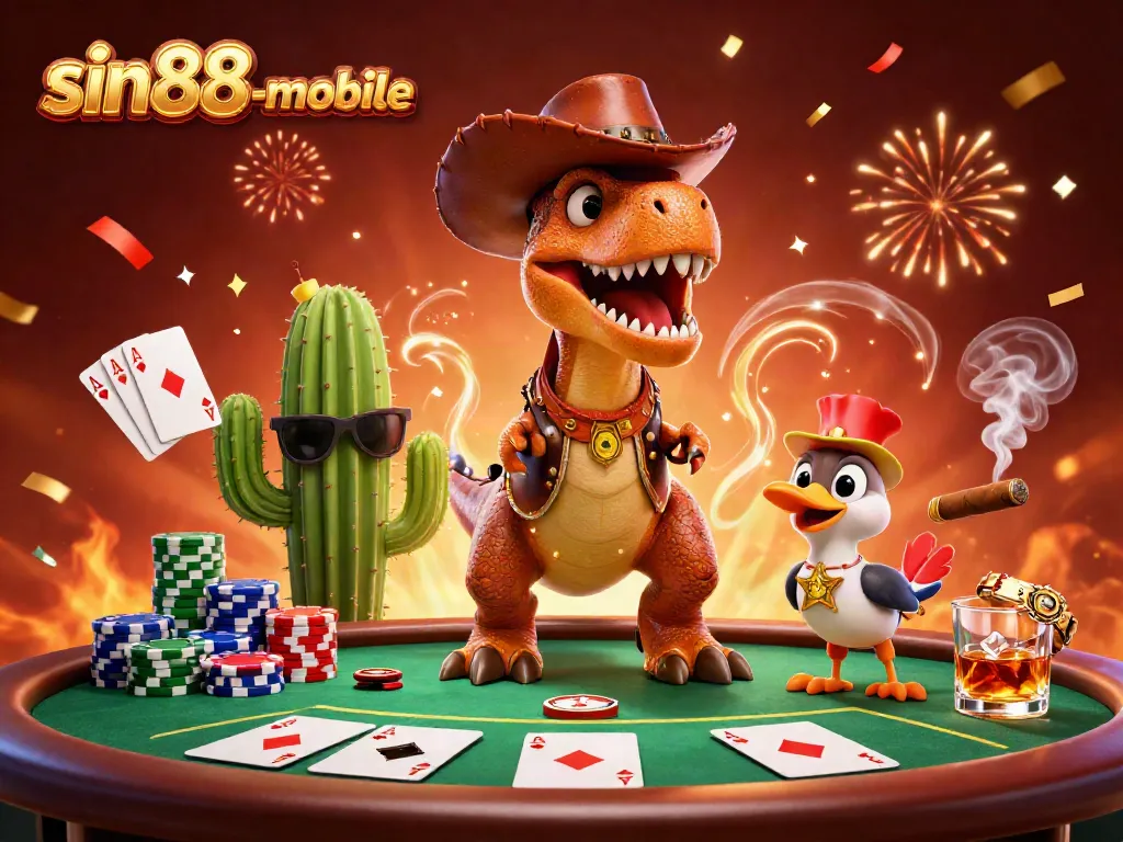 Experience thrilling gameplay with sin88-mobile as a cowboy dinosaur navigates poker action!