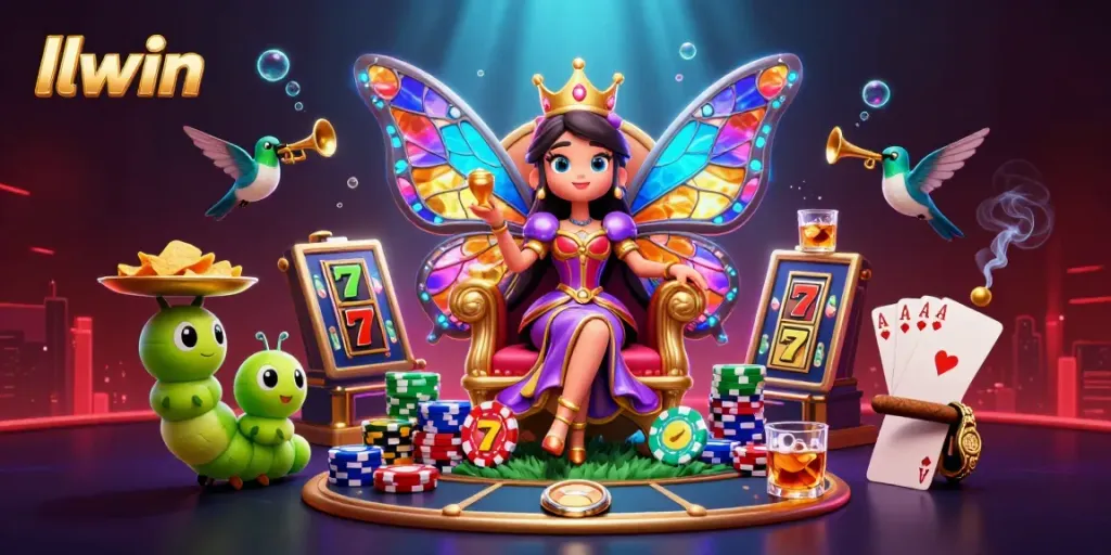 Engage with llwin's vibrant casino scene featuring a butterfly queen amidst colorful slot elements.