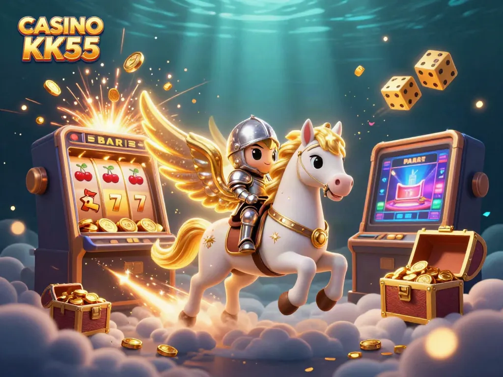 Experience the excitement of CASINO KK55 with a whimsical 3D scene featuring a celestial horse, treasure, and vibrant casino elements.