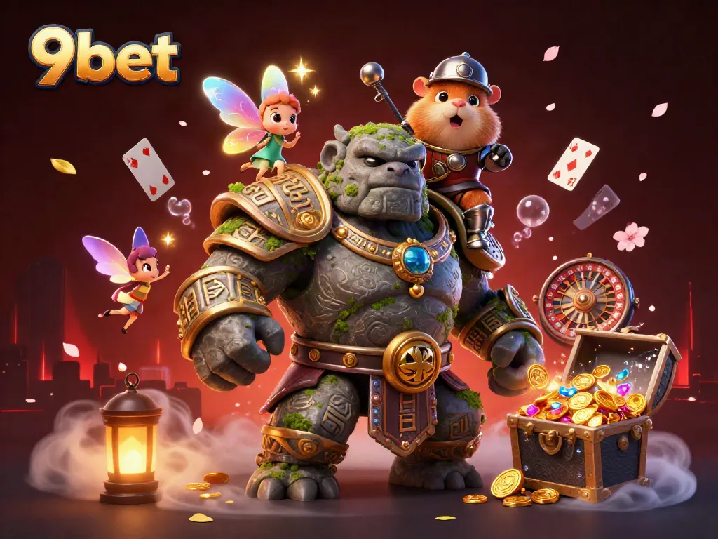 Win big with 9bet in this vibrant casino scene with exciting characters and game elements.