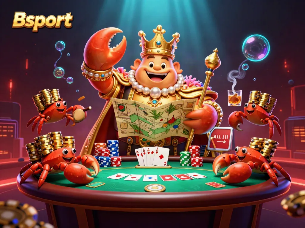 Experience exciting gameplay with Bsport, showcasing a golden crab emperor amidst a vibrant poker scene.