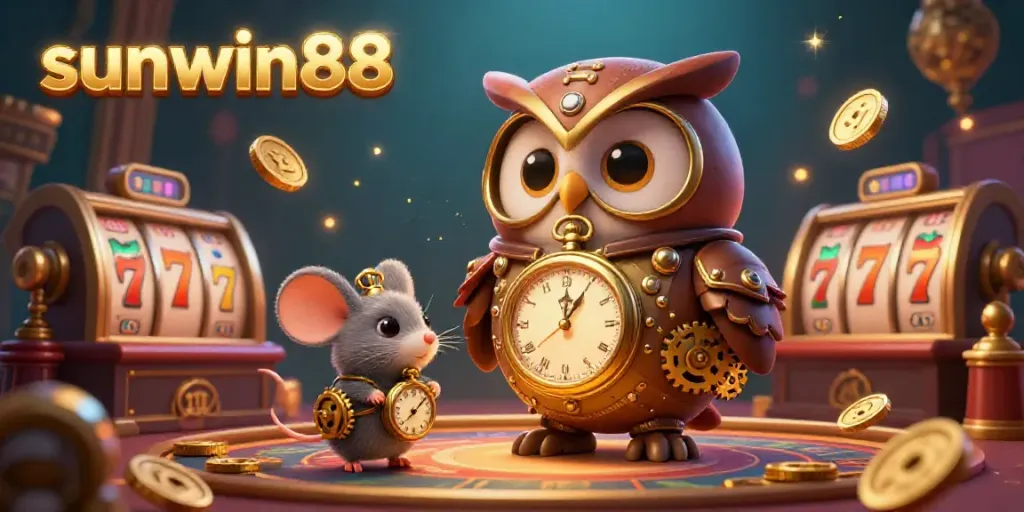Experience the excitement of sunwin88 in a vibrant casino scene featuring 3D characters, slots, and dynamic game elements.