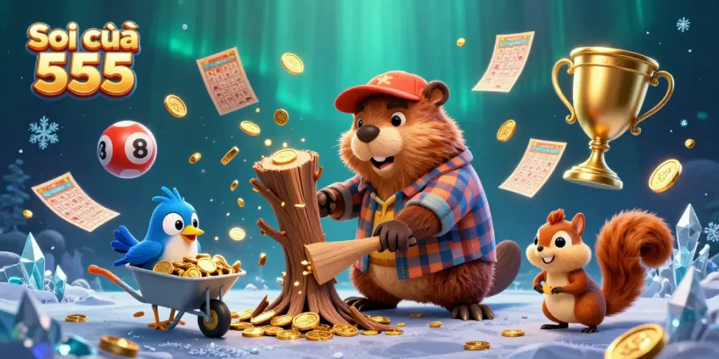 Soi cầu 555 showcases a playful beaver collecting coins in a fascinating lottery-themed atmosphere.