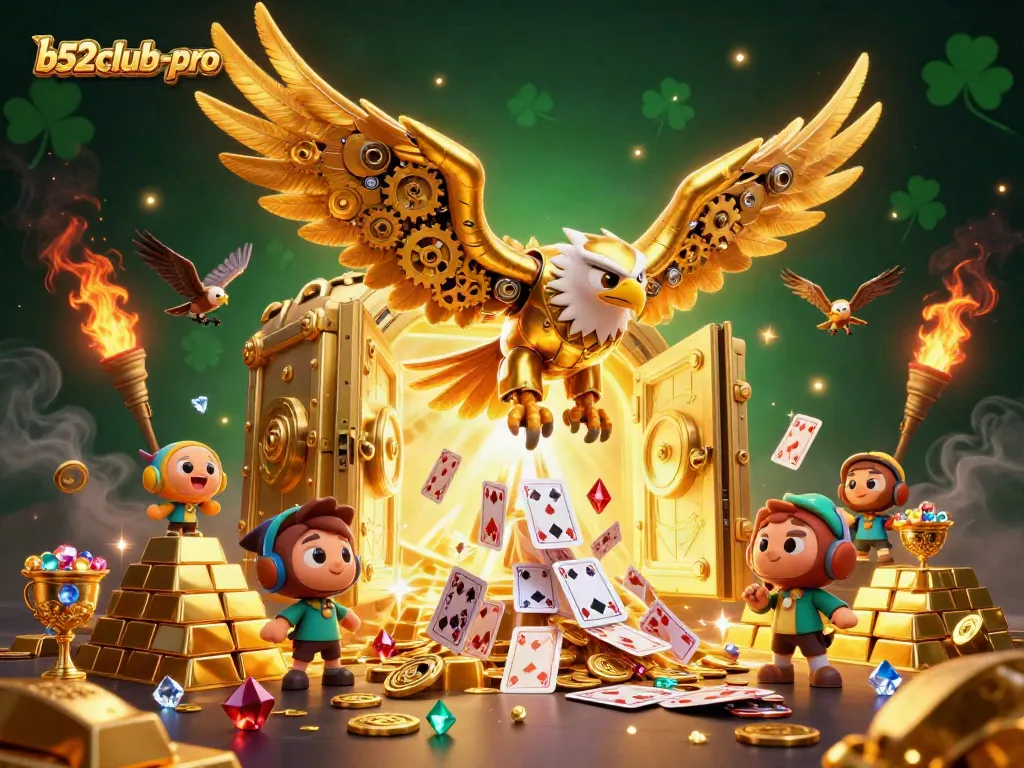 Engage in thrilling gaming at b52club-pro with a dynamic scene of cybernetic eagles and casino elements.