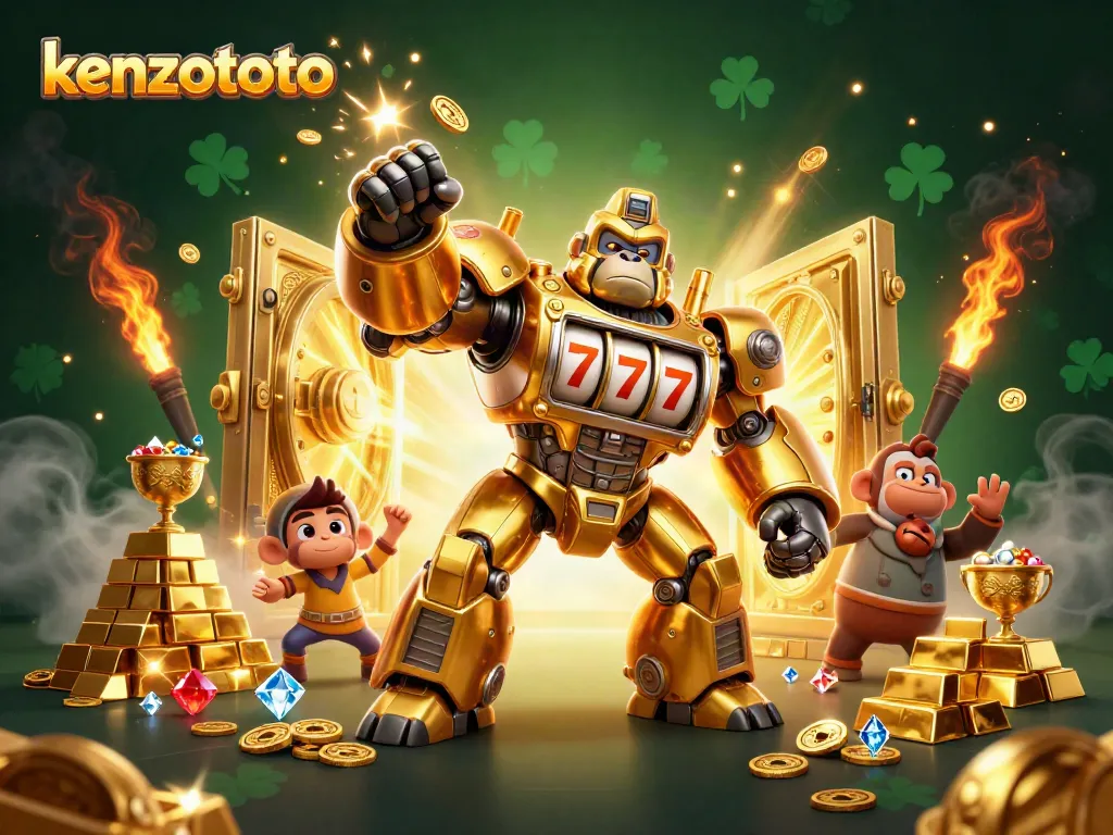 Experience dynamic gaming action with kenzototo's golden gorilla mech and treasure elements.