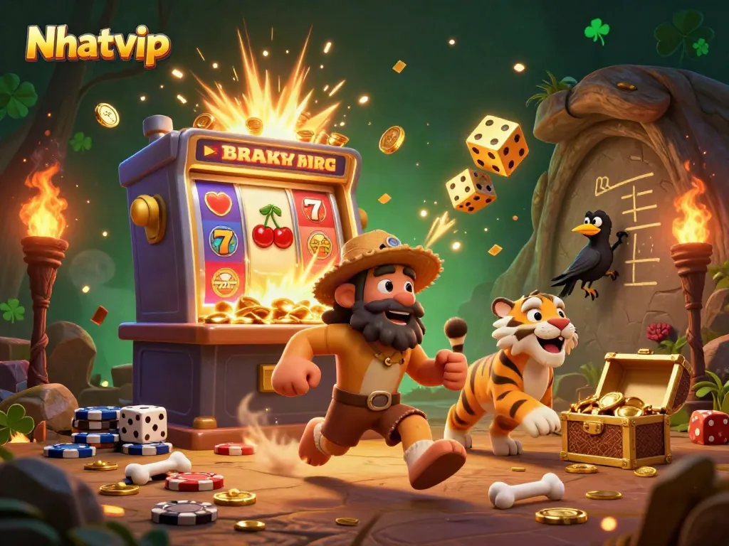 Nhatvip excitingly combines charming characters in a prehistoric casino scene, featuring gold coins and rich animated activities.
