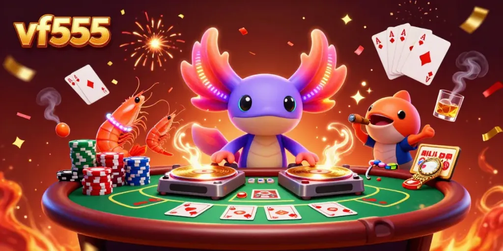 Spin with vf555's vibrant axolotl DJ and shrimp dancers in an exhilarating casino scene.