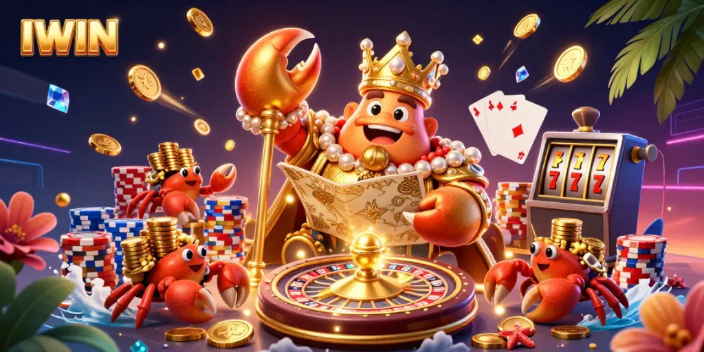 IWIN presents an exciting casino adventure featuring a golden crab emperor amidst casino riches and vibrant gameplay elements.