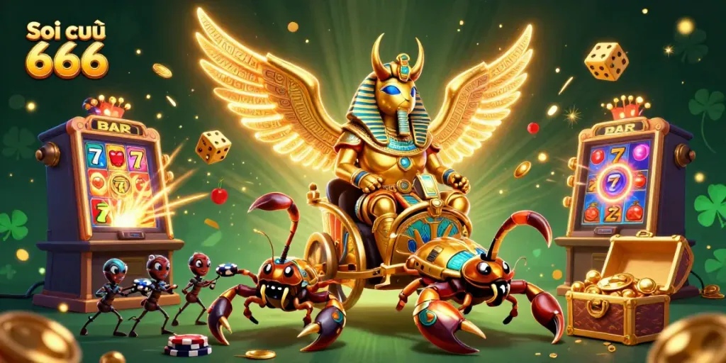 Soi cầu 666 showcases a golden scarab beetle with glowing wings on a chariot, surrounded by slot machines and treasure.