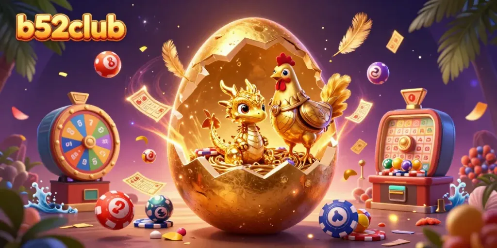 Play thrilling games at b52club with golden dragon, poker chips, and dynamic lottery elements.