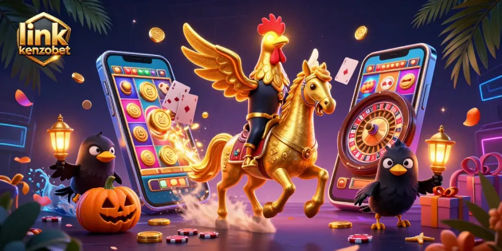 Spin to win with slot games at link kenzobet featuring a golden rooster in a vibrant casino.