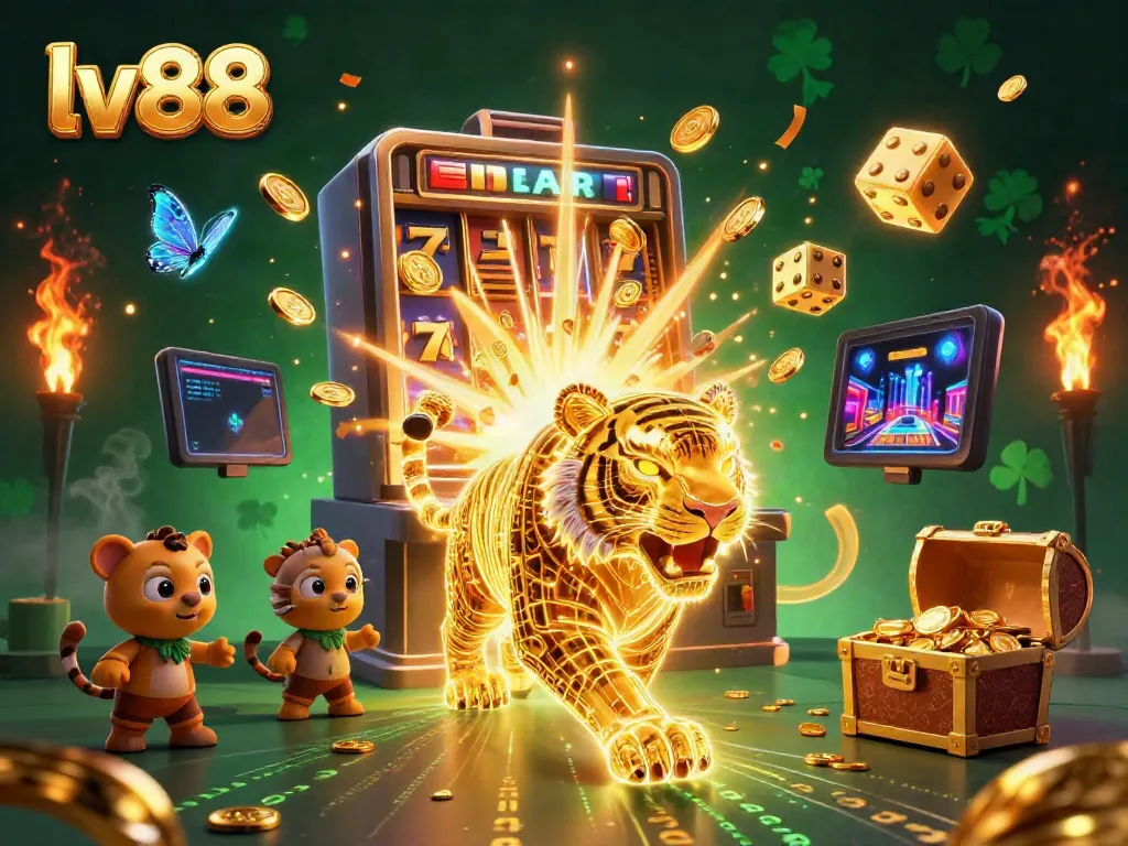 Experience the thrills of LV88 in a vibrant digital casino scene showcasing a golden tiger.