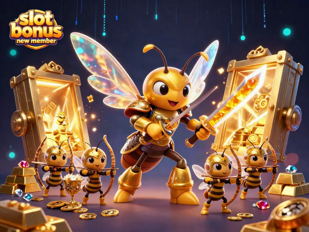 Engaging illustration of the slot bonus new member with samurai bee characters and treasure, showcasing excitement and rewards.