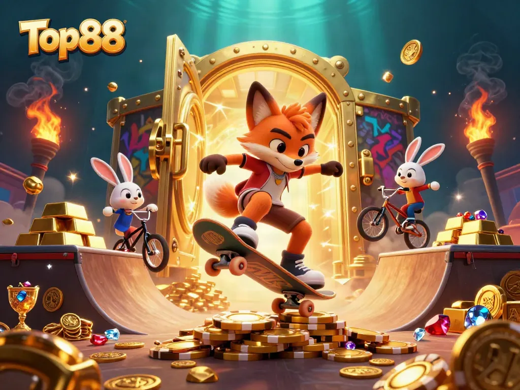 Engage in the excitement of Top88 with a dynamic 3D illustration featuring a skateboarder fox and BMX rider amidst golden treasures.