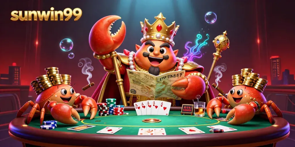 Crack the sunwin99 casino code with a vibrant scene featuring a golden crab emperor and colorful poker elements.