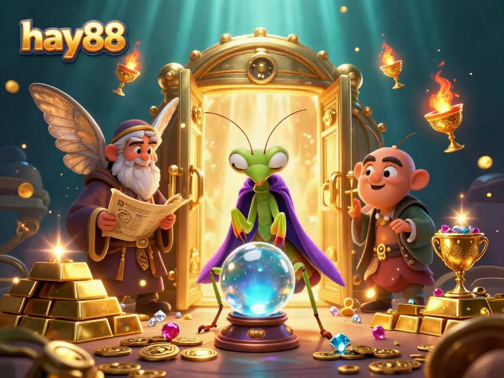 Engage with hay88's thrilling fortune-telling scene dominated by vibrant treasures and mystical characters.