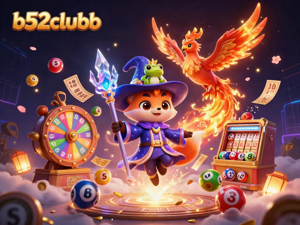 B52clubb presents an engaging illustration of a wizard fox and phoenix with lottery elements, promising thrilling gambling adventures.