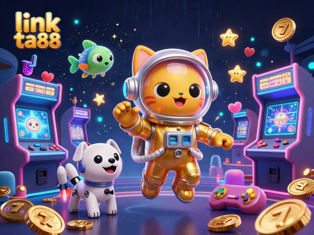 Engage with link ta88 in this vibrant casino-themed arcade scene featuring characters and elements.