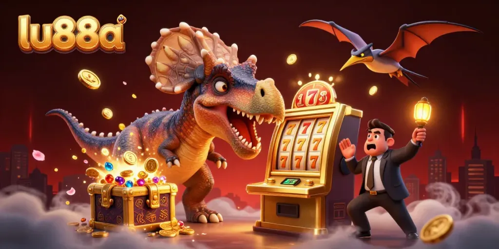 Experience the thrill as lu88a's characters engage in a jackpot frenzy amidst vibrant casino elements.