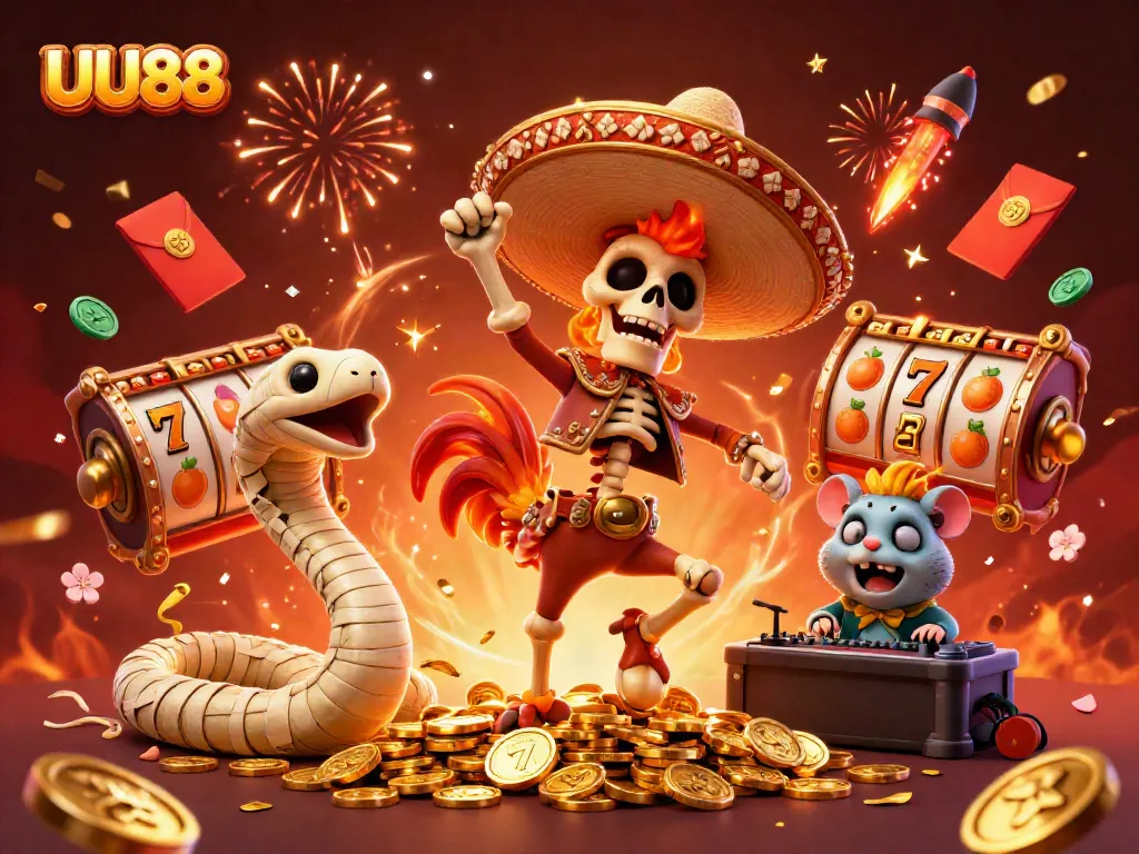 Spin the reels with UU88 as a festive rooster dances on coins, creating a vibrant casino atmosphere.