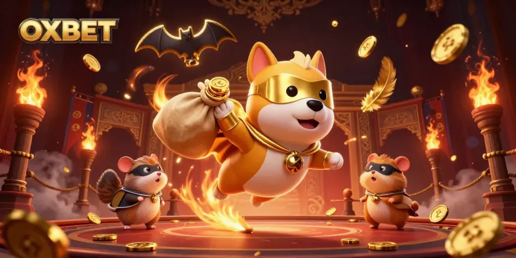 Experience OXBET with this dynamic illustration featuring a superhero dog and hamster amidst a casino-themed backdrop.