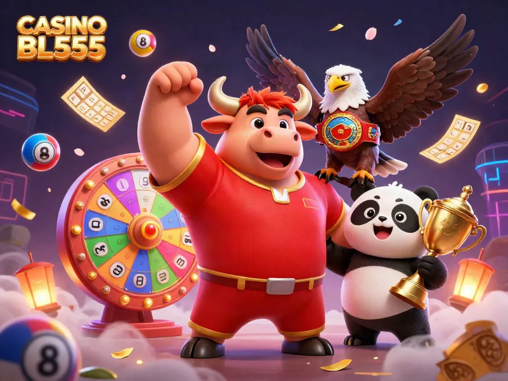 Engage with CASINO BL555 featuring animated characters celebrating jackpot wins amidst colorful games.
