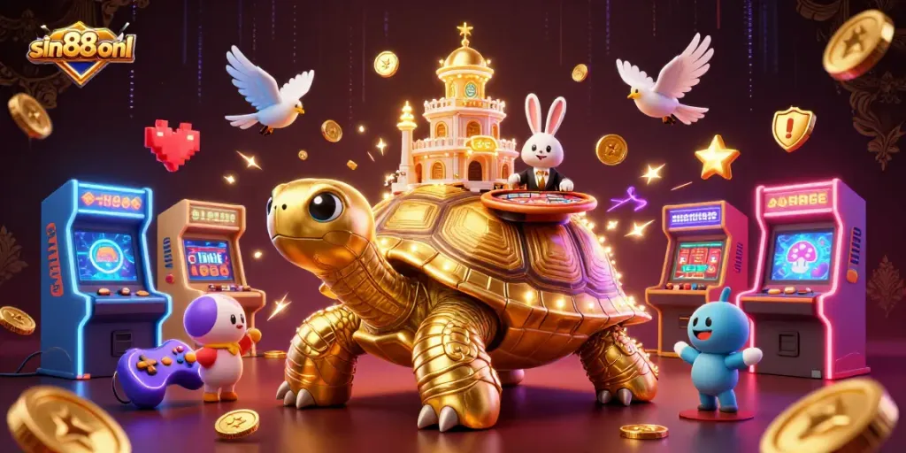 Win at sin88-onl with a captivating casino scene featuring a golden tortoise and a rabbit dealer.