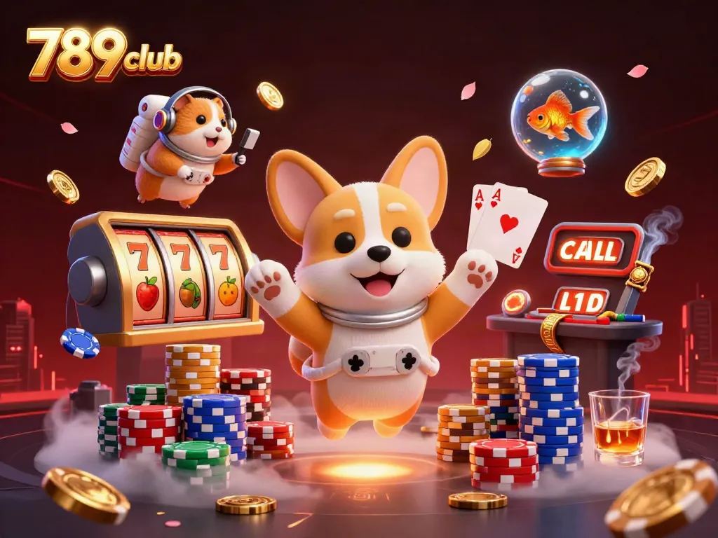Join the excitement at 789club with floating poker chips and lucky slot reels in a vibrant casino scene.