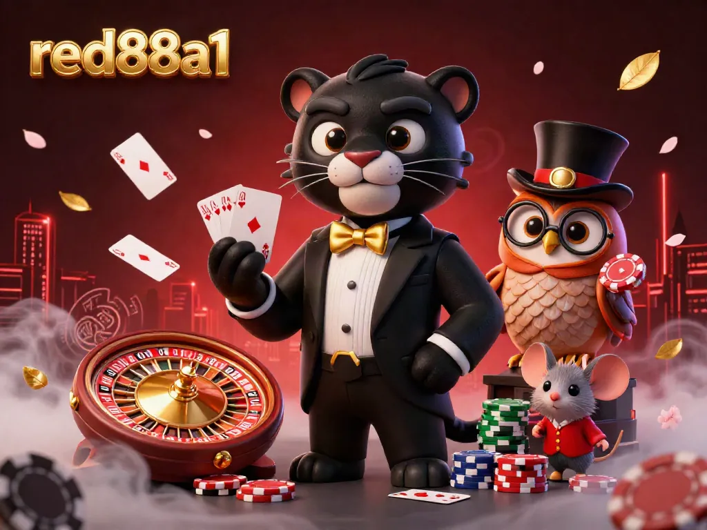 Experience high-stakes gambling action with red88a1 as a stylish panther deals cards and an owl manages chips.