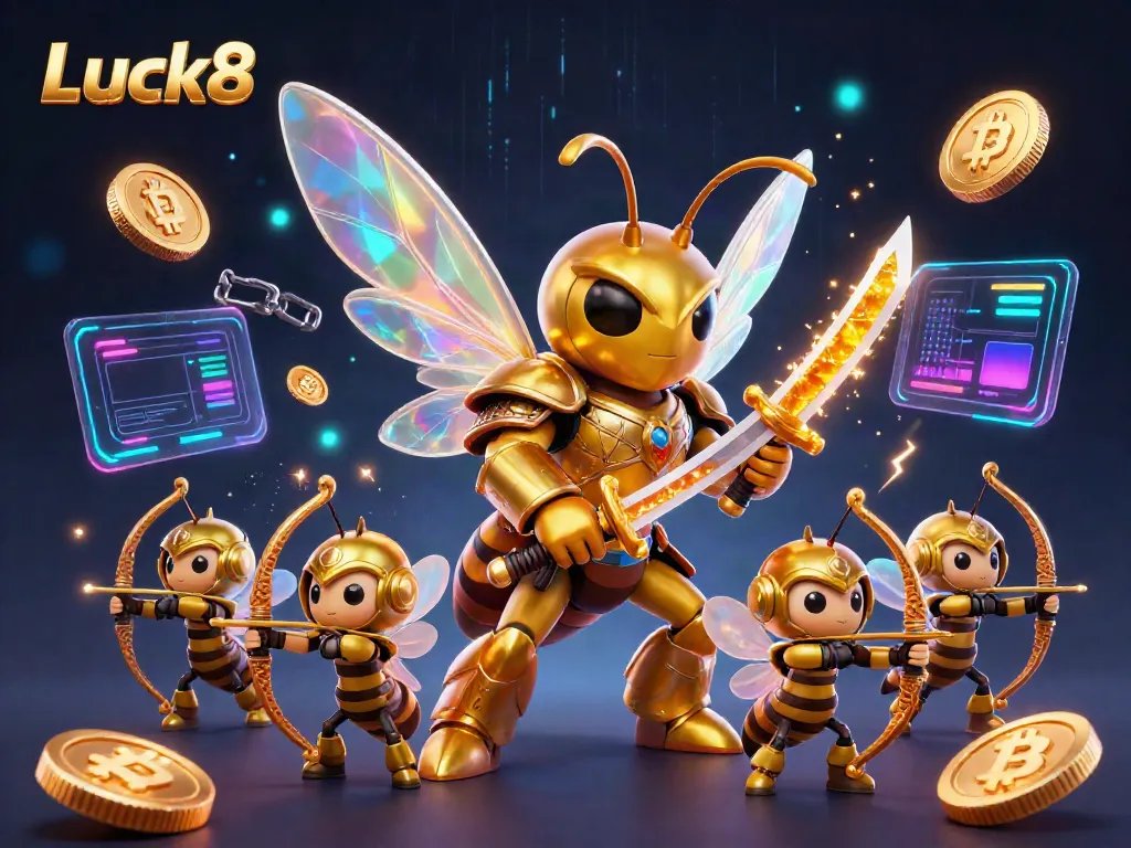 Experience Luck8 casino excitement with a dynamic scene of samurai bee warriors and cryptocurrency elements.