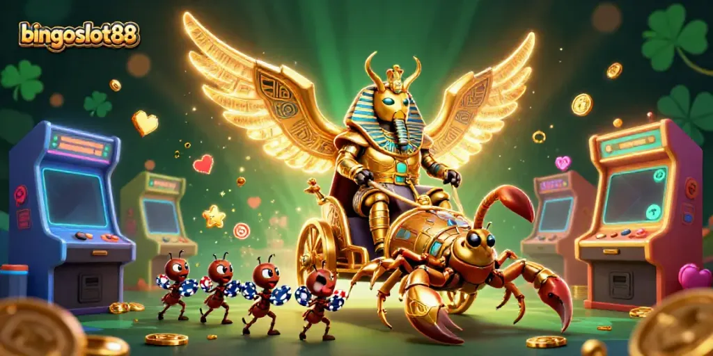 Gambarlah bingoslot88 dengan scarab emas dan permainan kasino yang ceria.
