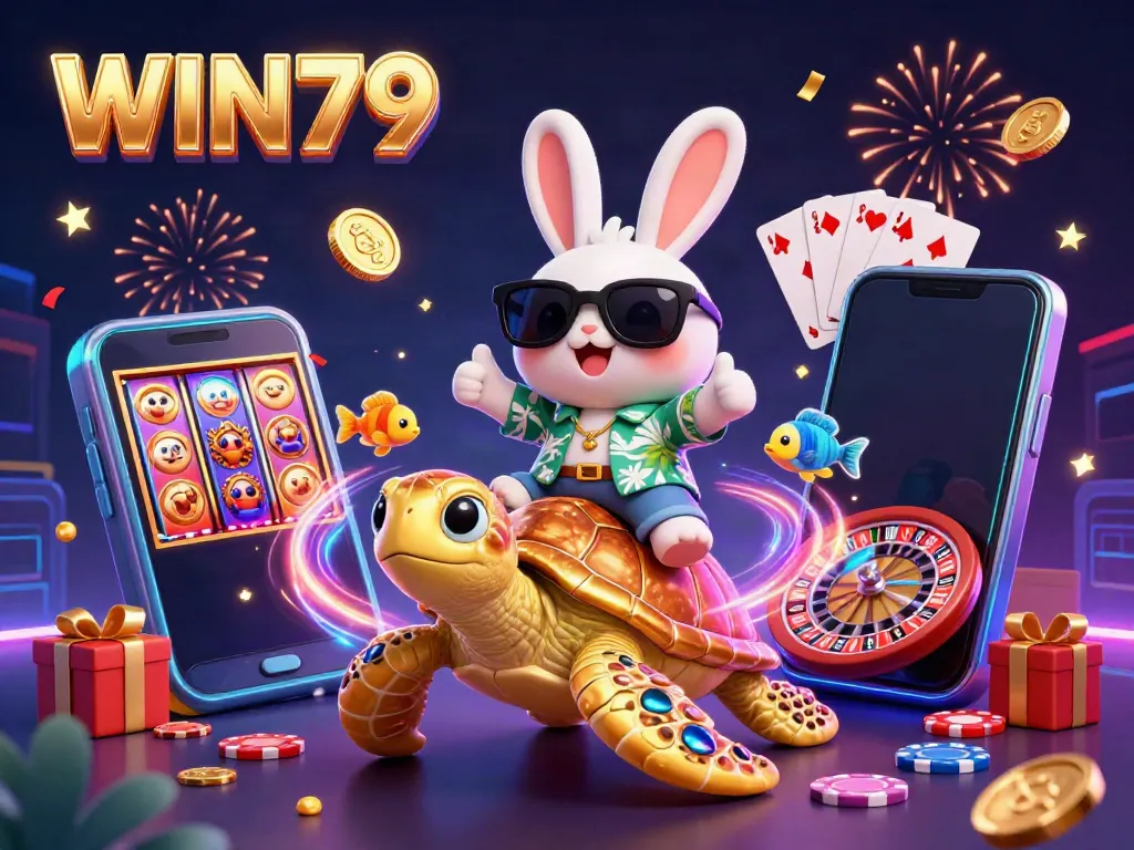 Experience the thrill of WIN79 with a lucky rabbit and a golden turtle in a vibrant casino scene.