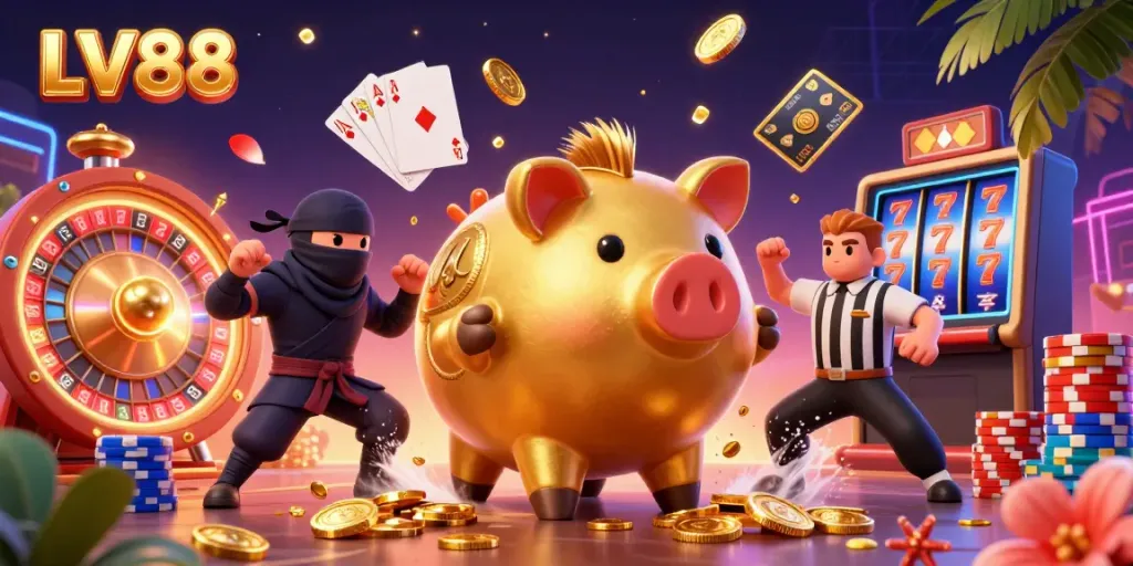 Join the excitement at LV88 with a dynamic scene featuring a golden piggy bank wrestler, coins flying, and vibrant gaming elements.