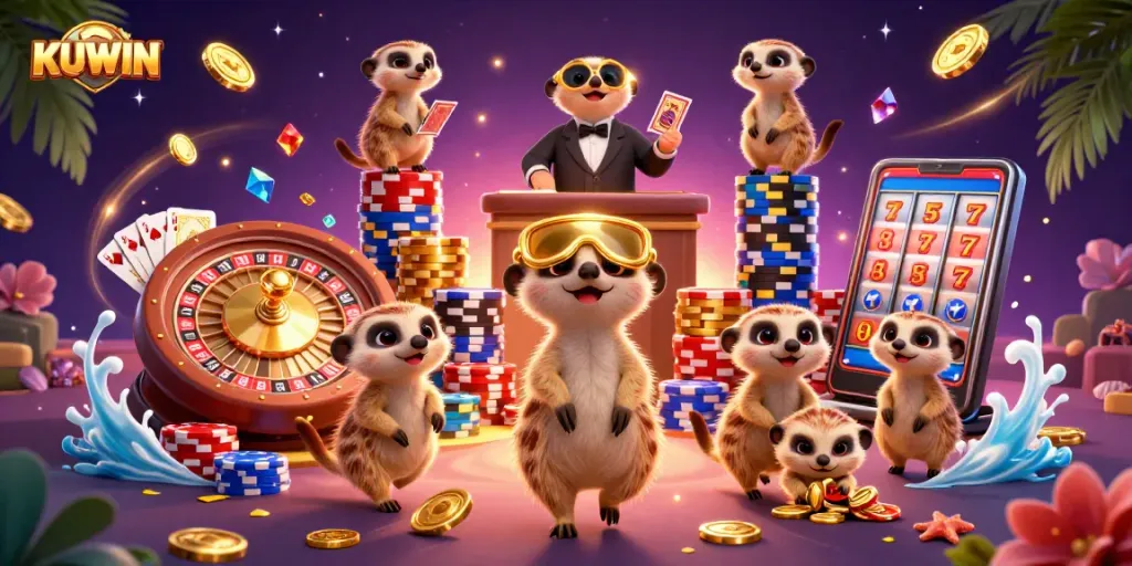 Kuwin casino scene featuring meerkats managing games with golden coins and slot machines.