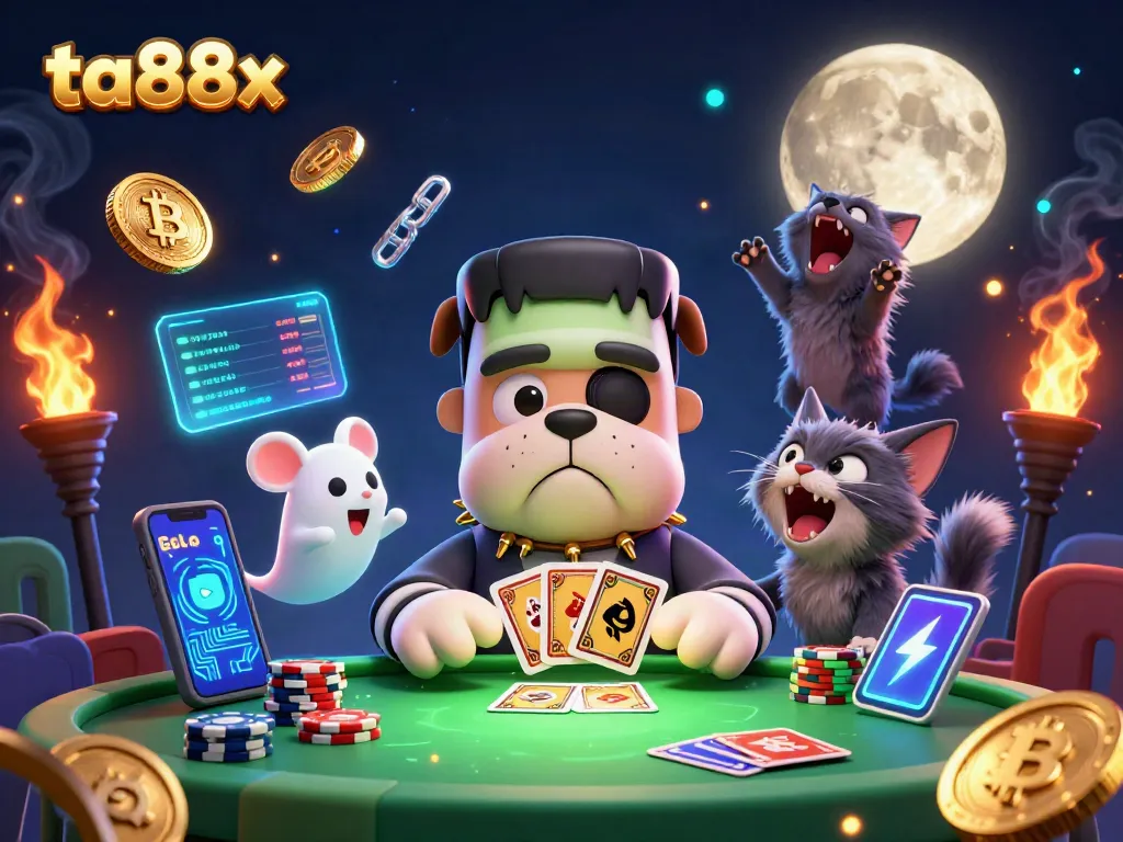Engage in thrilling action with ta88x at a vibrant casino scene featuring a playful bulldog dealer.