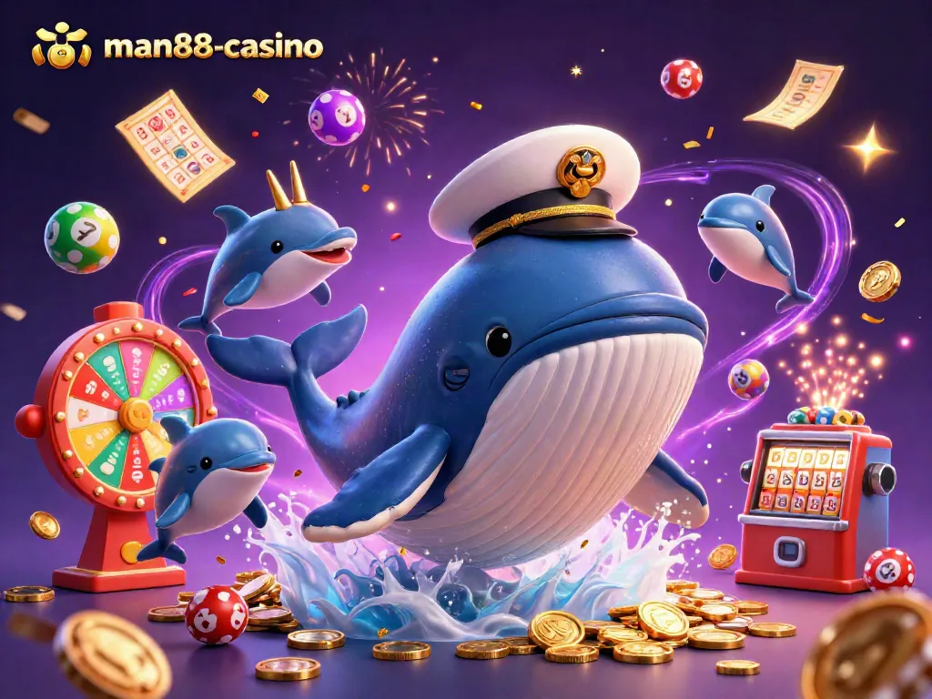 Experience the excitement of man88-casino with playful dolphins and a giant whale amidst flying lottery elements.