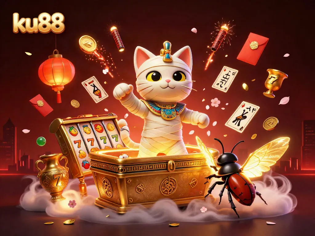 Engaging ku88 casino scene featuring an Egyptian mummy cat and golden scarab beetle amid vibrant gaming elements.