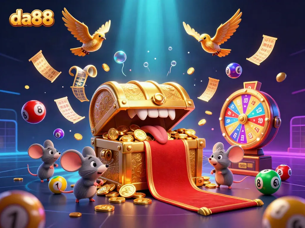 Experience the excitement of da88 with a vibrant illustration of treasure chests and dynamic game elements.